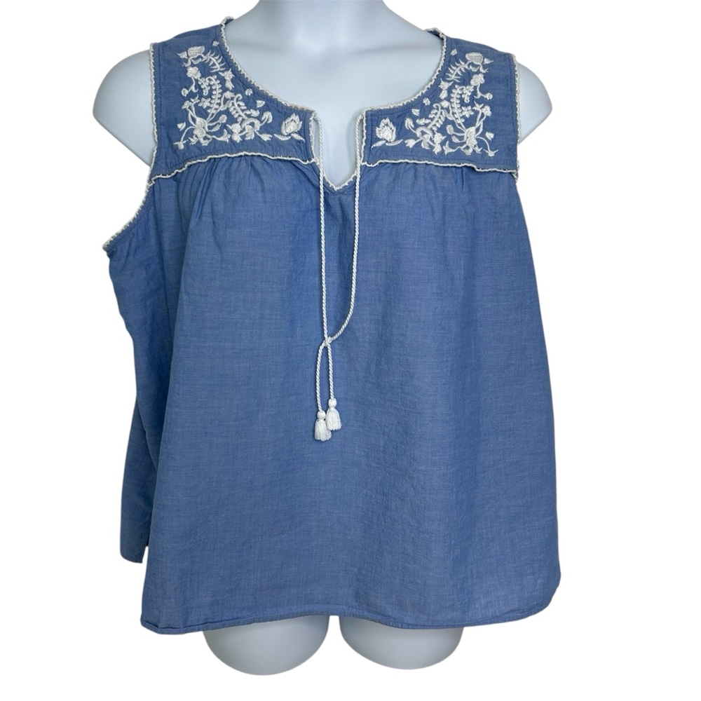 Talbots Women’s Blue Embroidered Cotton  Sleeveless Top tassels Size 3X Petite